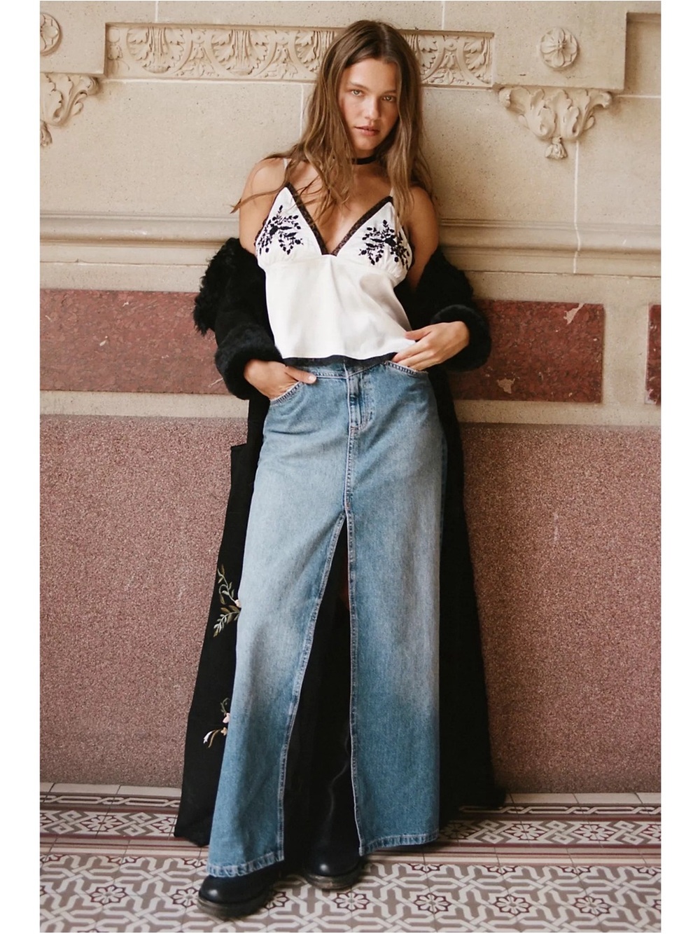 Free People We The Free Come As You Are Denim Maxi Skirt Sapphire Blue With Slit - Picture 5 of 12